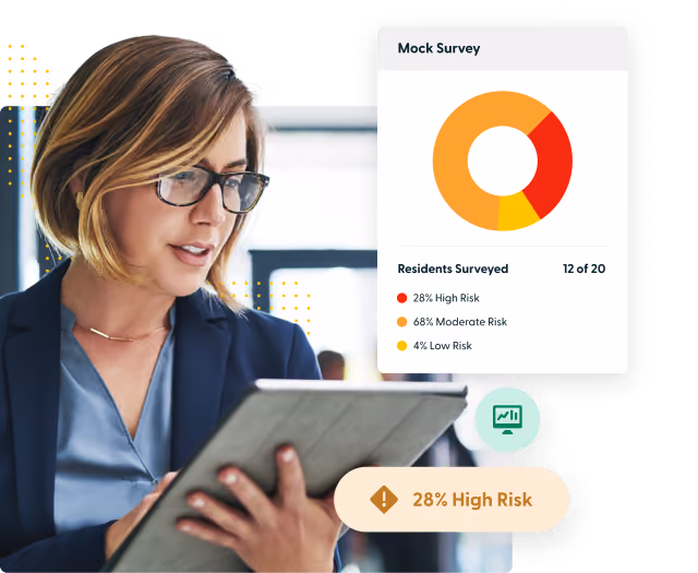 Woman with glasses using a tablet alongside a chart showing 28% high, 68% moderate, and 4% low risk levels.