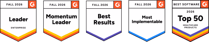 Five G2 badges reading Leader, Momentum Leader, Best Results, Most Implementable, and Top 50 Healthcare Products.