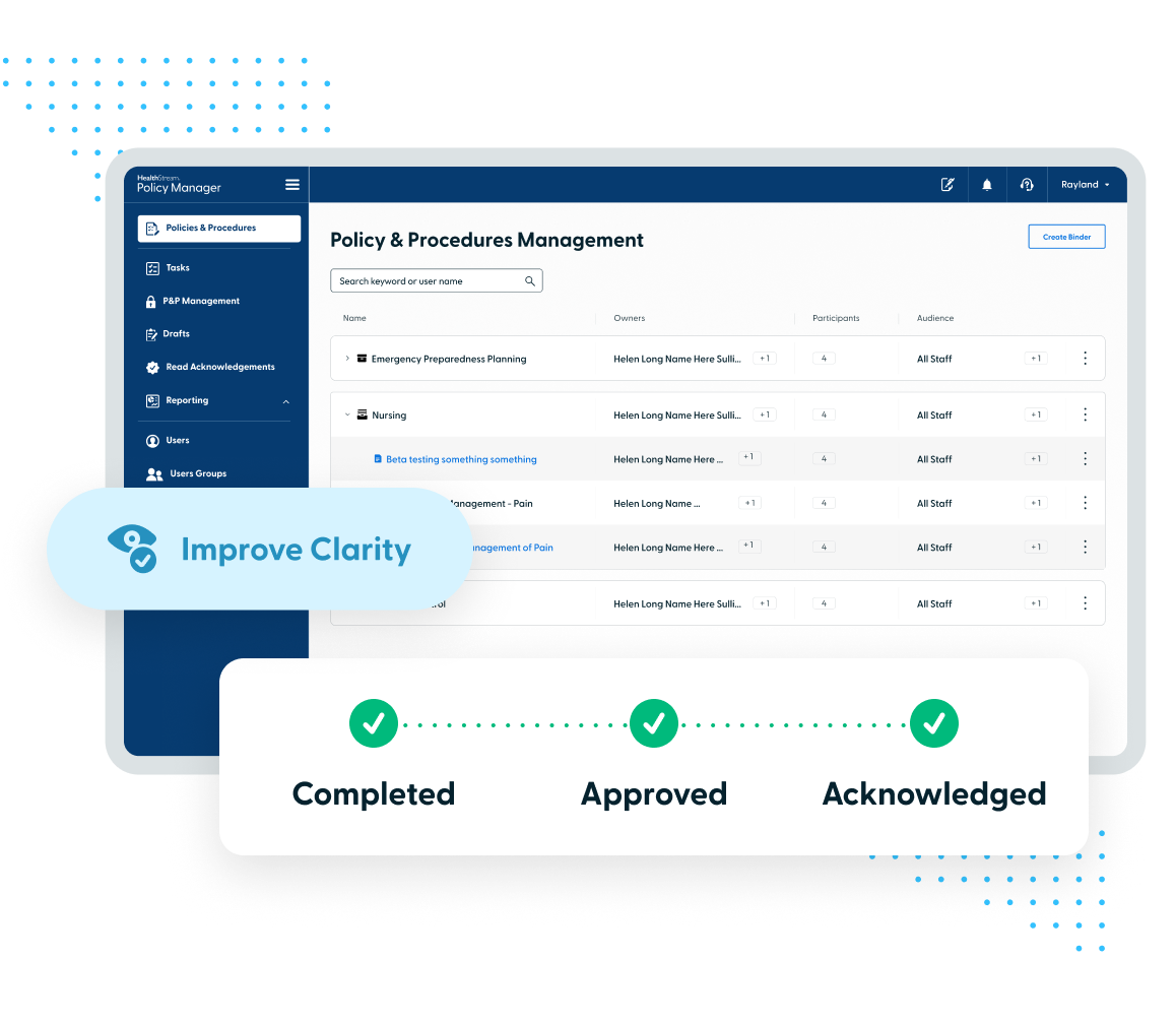 Policy Manager interface showing policy list, search, and workflow status: Completed, Approved, Acknowledged.