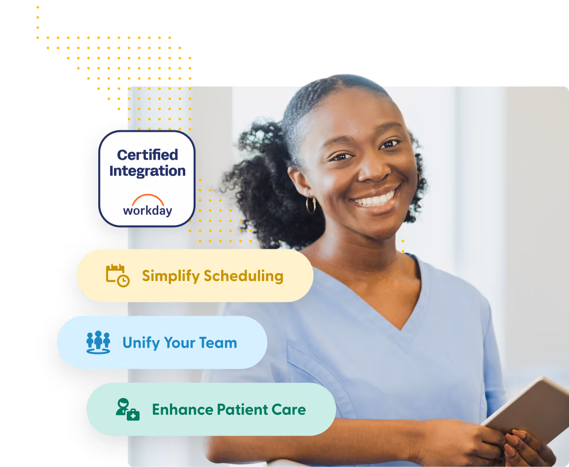 Smiling nurse in blue scrubs holding a tablet, with text on certified integration and scheduling benefits.