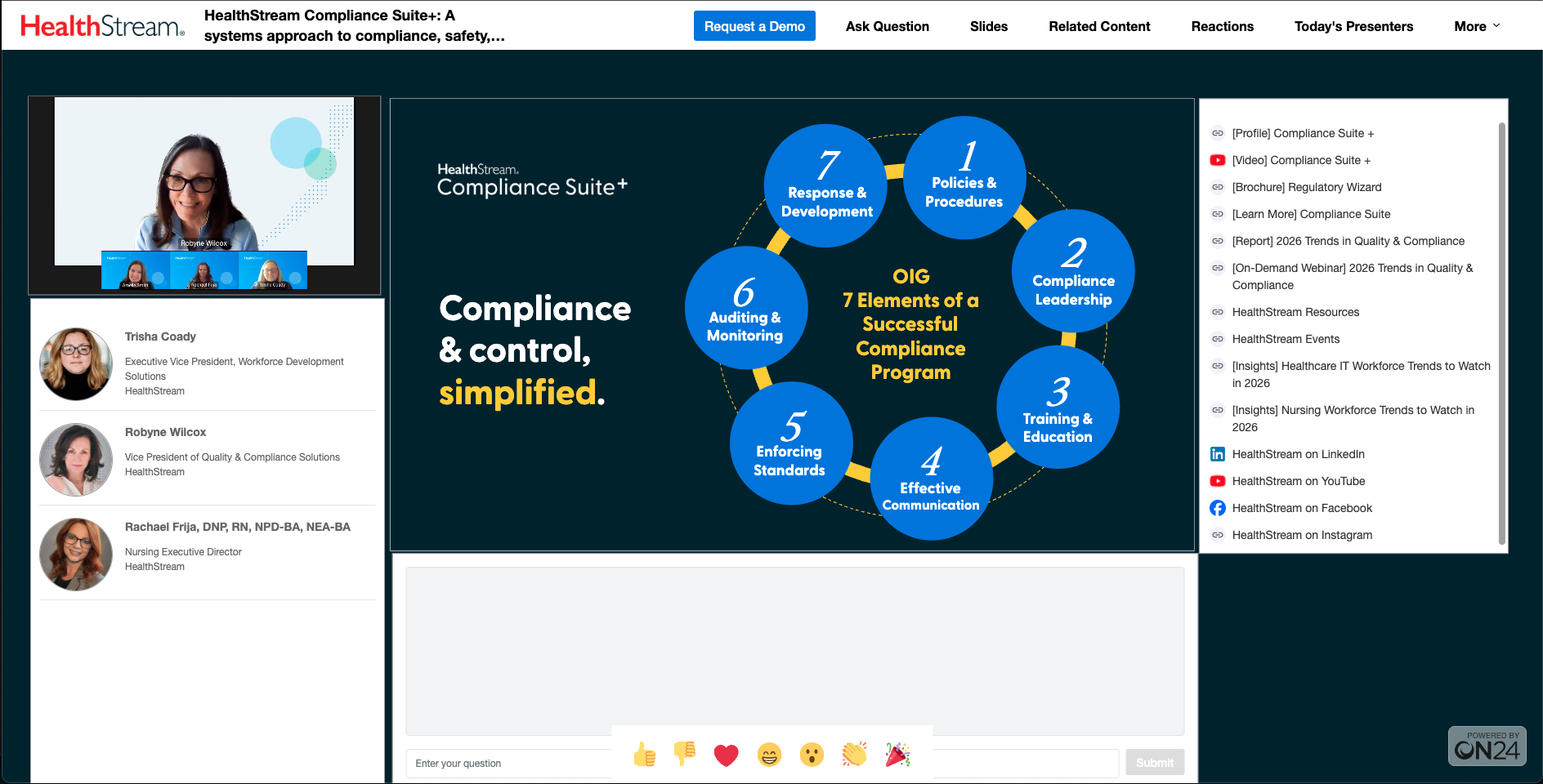 HealthStream webinar showing compliance program’s 7 elements in blue circles around ring labeled OIG.