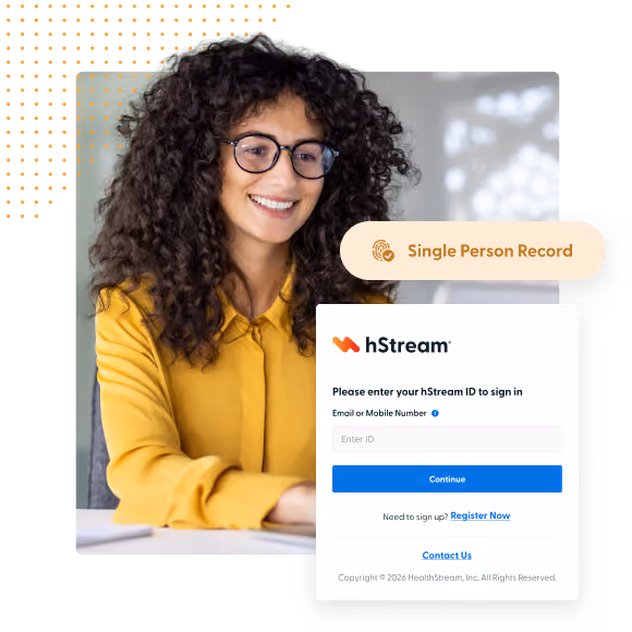 Smiling woman with curly hair and glasses at a laptop with hStream sign-in form for single record access.