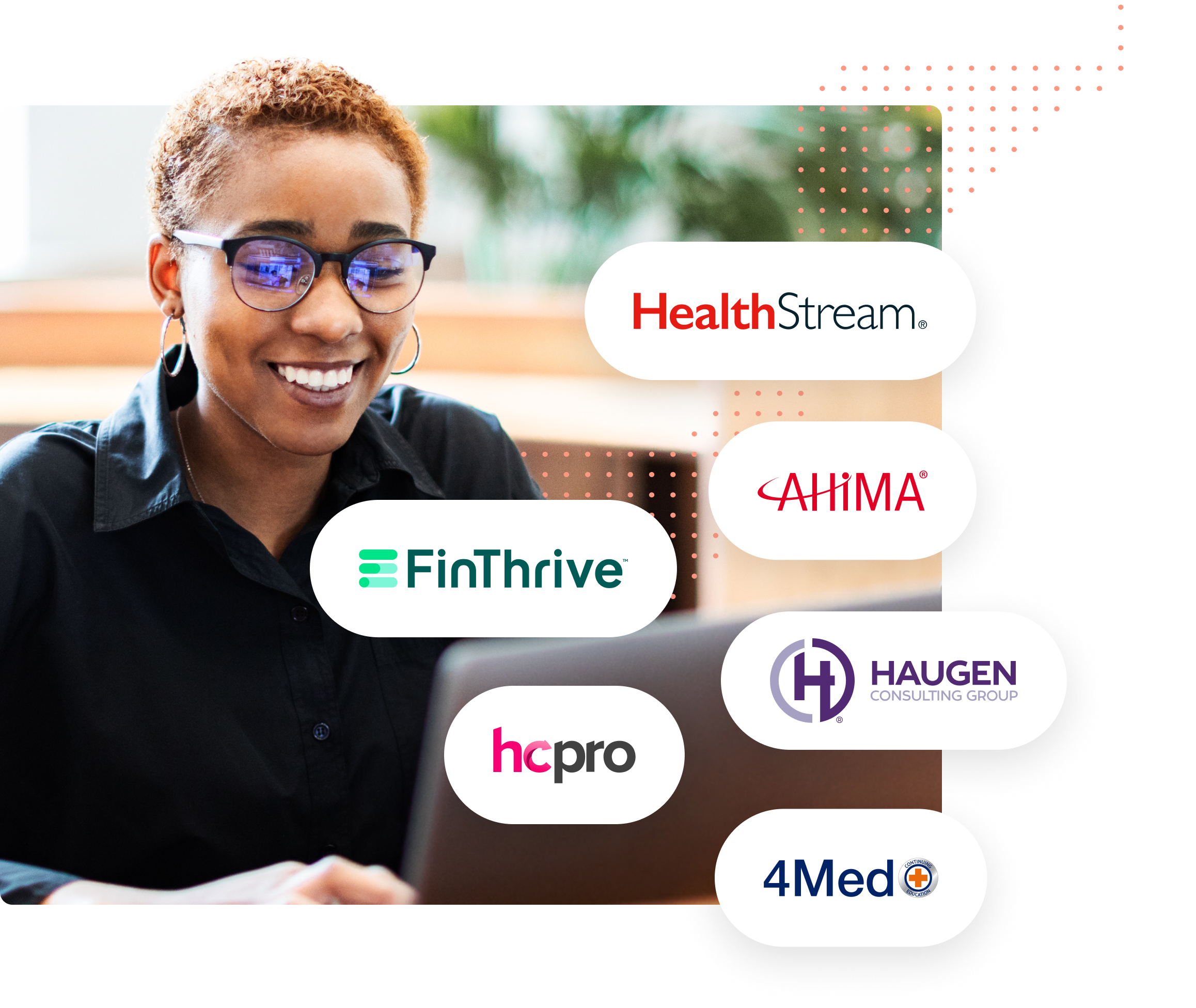 Smiling woman wearing glasses working on laptop with healthcare company logos around her.