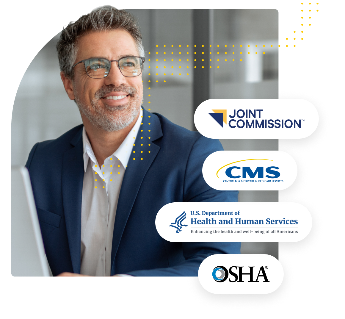 Smiling man in a navy blazer next to logos of Joint Commission, CMS, US Health and Human Services, and OSHA.
