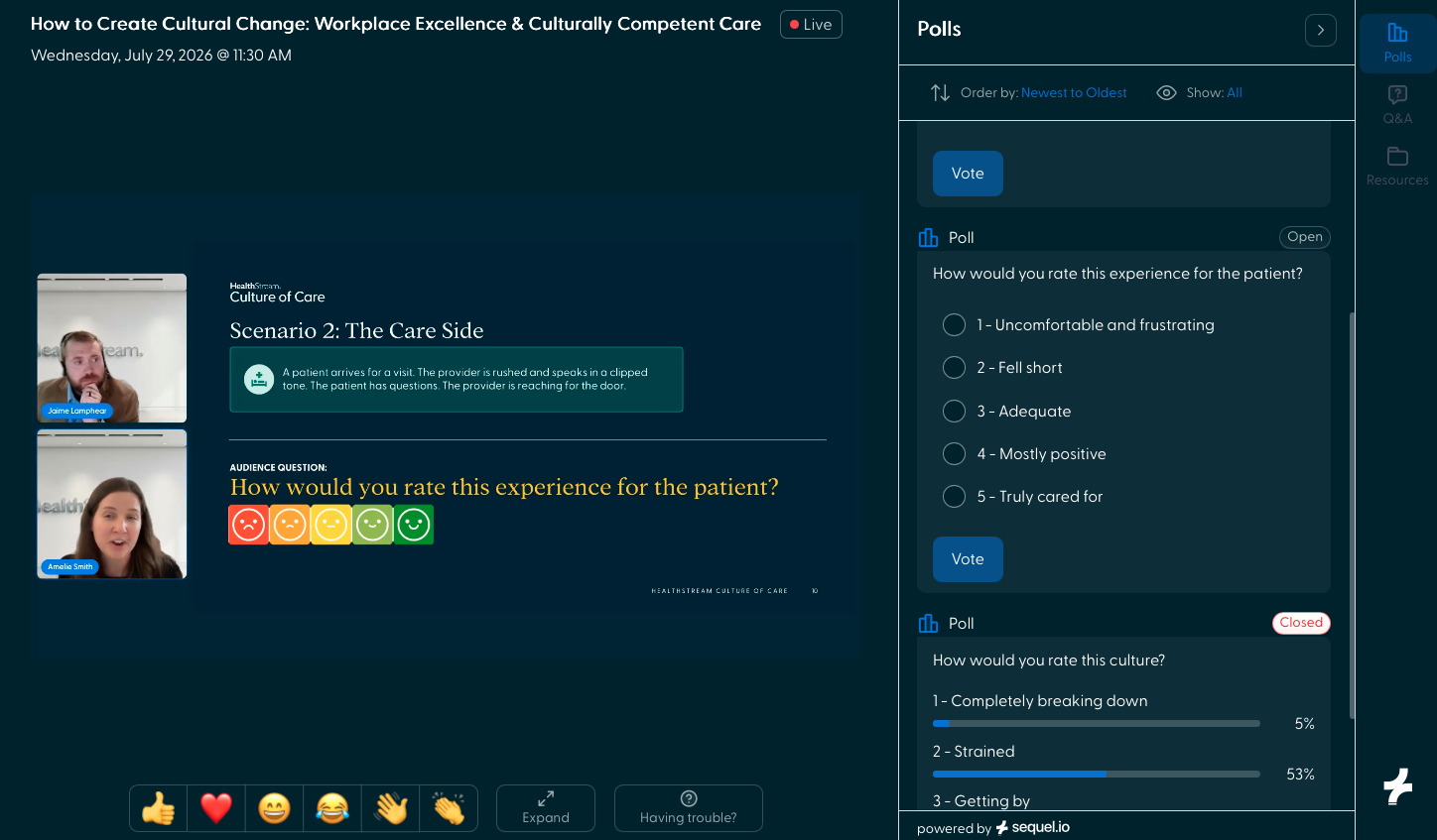 Virtual session on cultural change with poll on rating patient experience from uncomfortable to truly cared for.