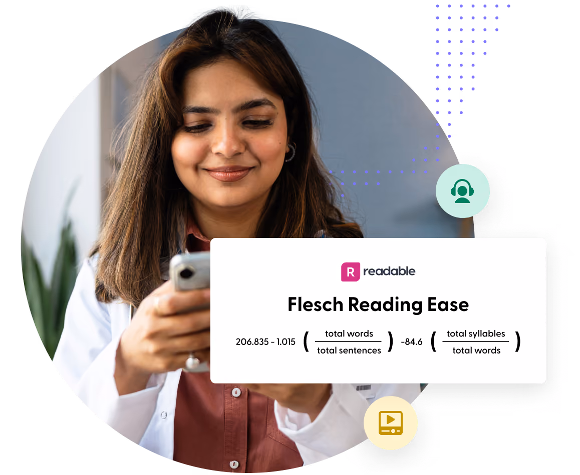 Smiling woman in white coat using phone with Readable Flesch Reading Ease formula overlay.