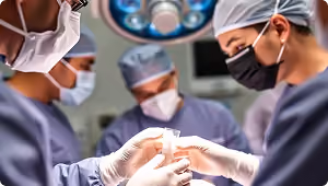 Surgeons wearing masks and gloves preparing instruments in an operating room.