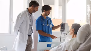 Doctor and nurse checking vital signs on a monitor while talking to a male patient in a hospital bed.