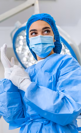 Surgeon in blue scrubs, mask, and hair cover putting on gloves in an operating room.
