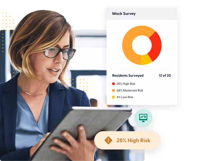Woman with glasses holding a tablet with a survey risk chart showing 28% high, 68% moderate, 4% low risk.