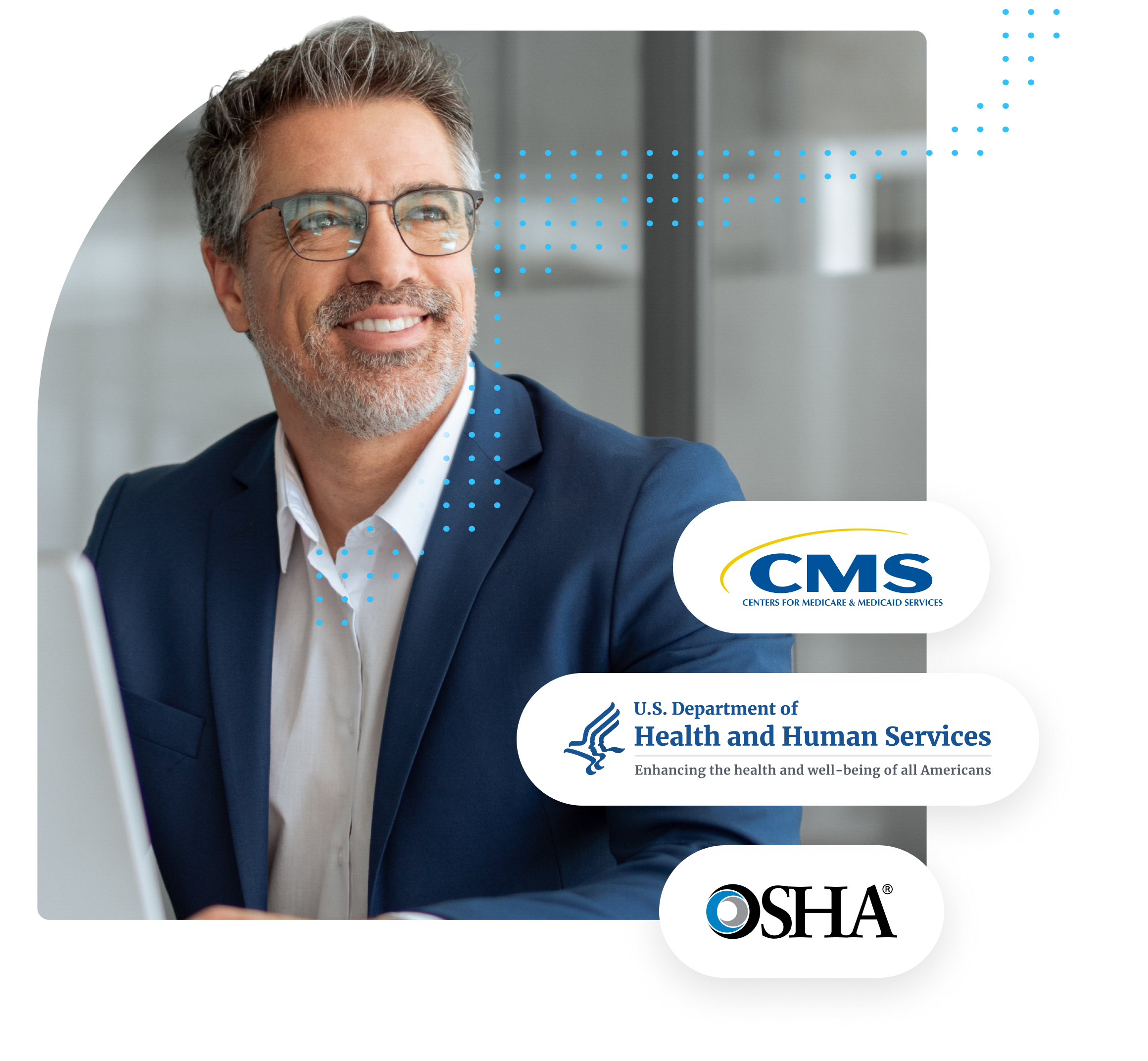 Smiling middle-aged man with gray hair and glasses wearing a blue suit and white shirt, sitting at a desk with a laptop, with logos of CMS, U.S. Department of Health and Human Services, and OSHA displayed beside him.