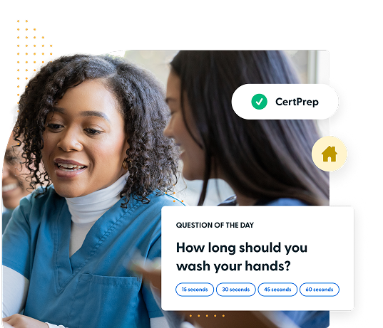 Two healthcare professionals in blue scrubs, one smiling and speaking, with a digital overlay showing a 'Question of the Day' about handwashing duration options.