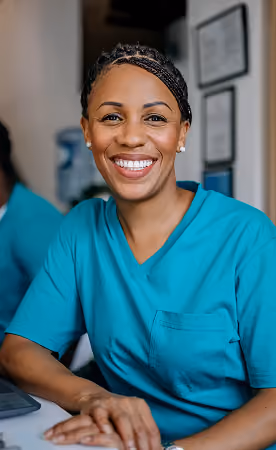 Smiling healthcare professional in teal scrubs with braided hair sitting at a desk with a laptop and framed certificates on the wall behind.