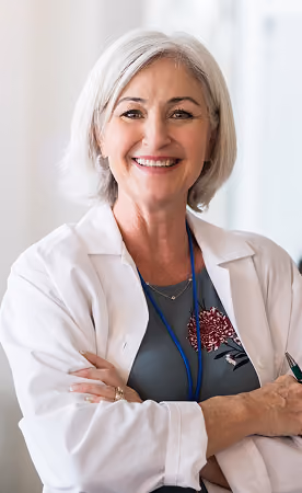 Smiling mature woman with gray hair, wearing a white lab coat and a floral-patterned top, standing with arms crossed.