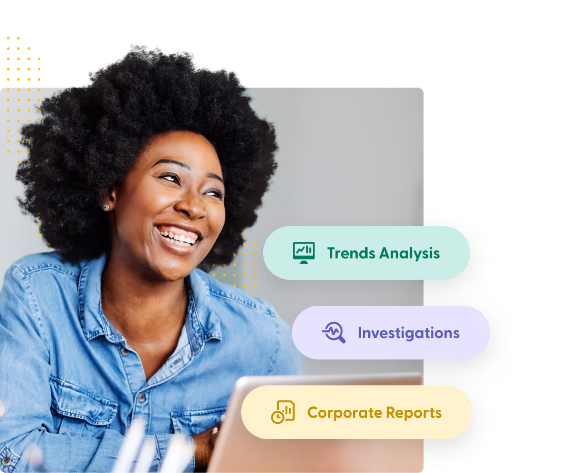 Smiling woman with curly hair in a blue denim shirt sitting at a desk with a laptop, alongside text bubbles labeled Trends Analysis, Investigations, and Corporate Reports.