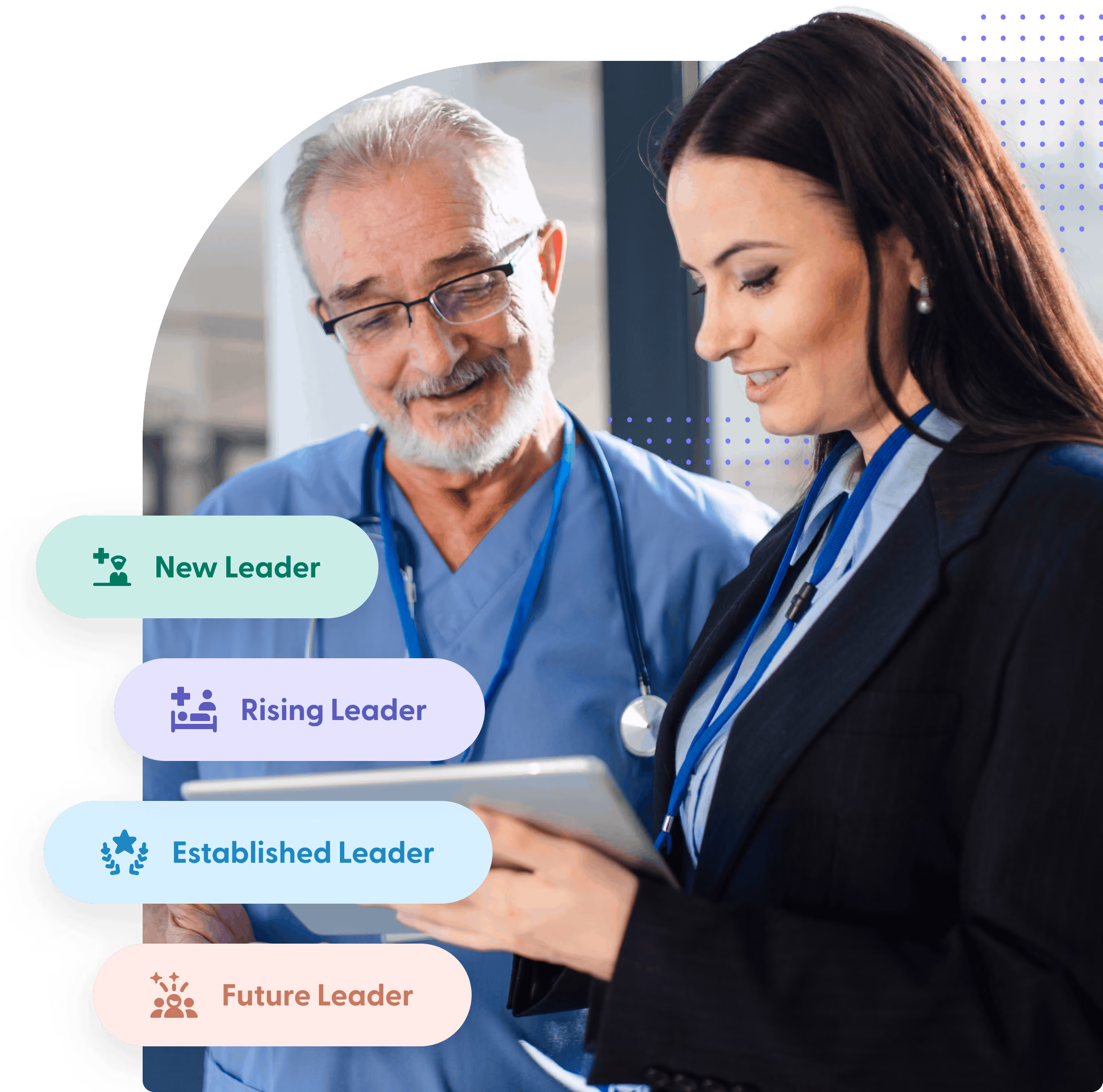 An older male healthcare professional in scrubs and glasses smiling while looking at a tablet held by a younger female professional in business attire with a stethoscope, with labeled buttons for New Leader, Rising Leader, Established Leader, and Future Leader on the left side.
