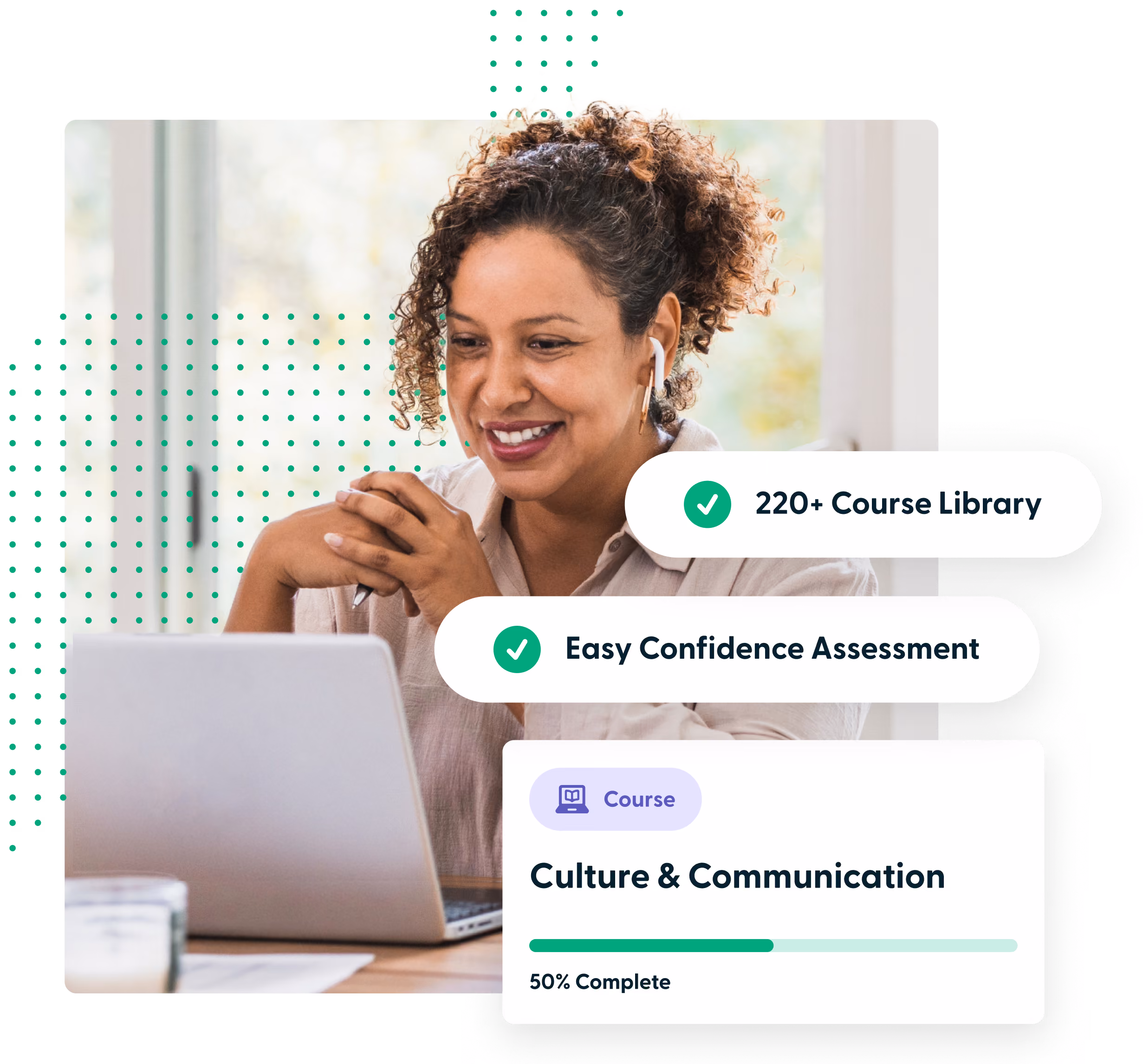 Smiling woman with curly hair wearing wireless earbuds, looking at a laptop screen while sitting at a wooden table in a bright room, alongside course progress text showing 'Culture & Communication' course labeled 50% complete and features including '220+ Course Library' and 'Easy Confidence Assessment.'