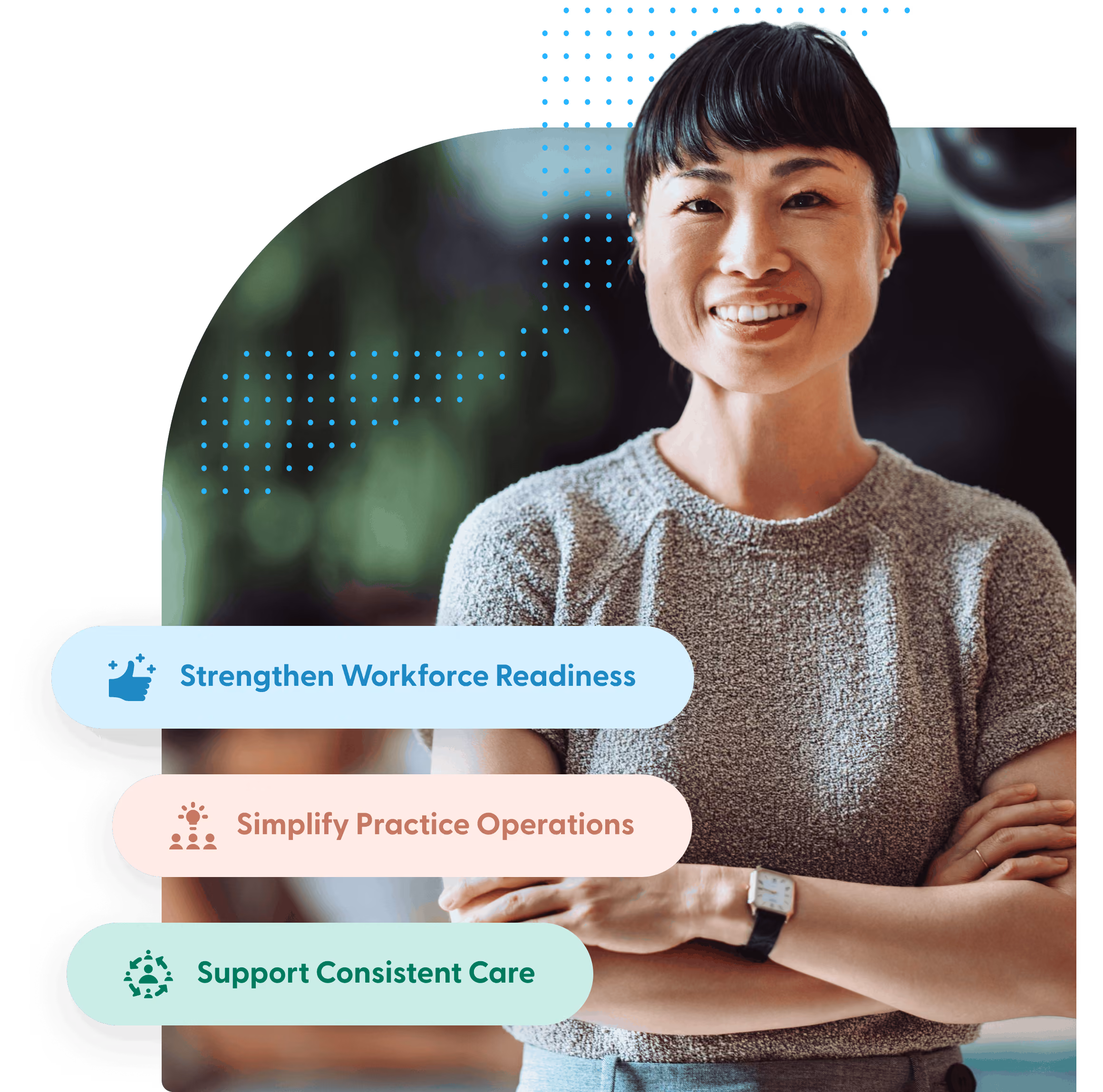Smiling woman with short black hair wearing a gray short-sleeve sweater and watch, standing with arms crossed, alongside three labeled colored boxes reading: Strengthen Workforce Readiness, Simplify Practice Operations, Support Consistent Care.