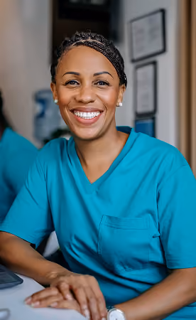 Smiling female healthcare professional in teal scrubs sitting at a desk with a blurred background showing certificates on the wall.