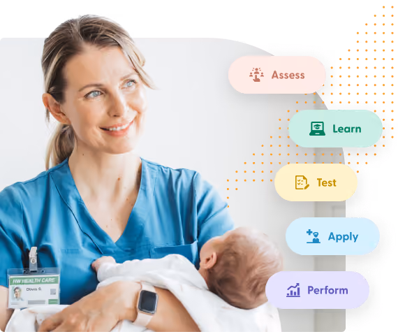 A smiling female healthcare professional in blue scrubs holds a baby wrapped in a white blanket, with colored bubbles on the right labeled Assess, Learn, Test, Apply, and Perform.