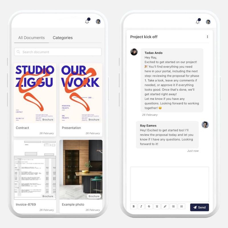 Two mobile screenshots of a client portal: documents and a chat conversation