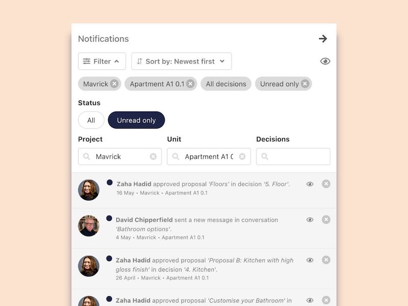 Ziggu platform notification management system showing project-specific filters for large scale project management