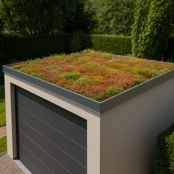 Moderne Garage aus Sandwichpaneelen mit extensiver Dachbegrünung aus Sedumpflanzen – energieeffizient, langlebig und ökologisch