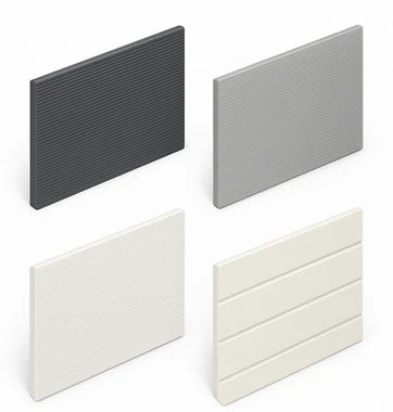 Vier Microline-Sandwichpaneele zur Garagengestaltung in den Farben RAL 7016 Anthrazitgrau, RAL 9007 Graualuminium, RAL 9010 Reinweiß und RAL 9010 Stucco-Oberfläche