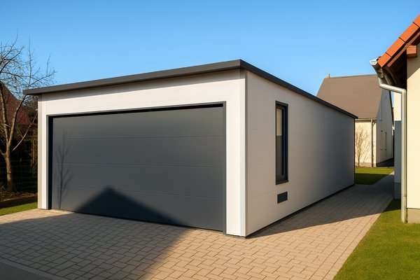 Moderne Fertiggarage mit Pultdach aus robusten Sandwichpaneelen, elegante weiße Fassade und graues Sektionaltor, ideal für langlebige und energieeffiziente Garagenlösungen