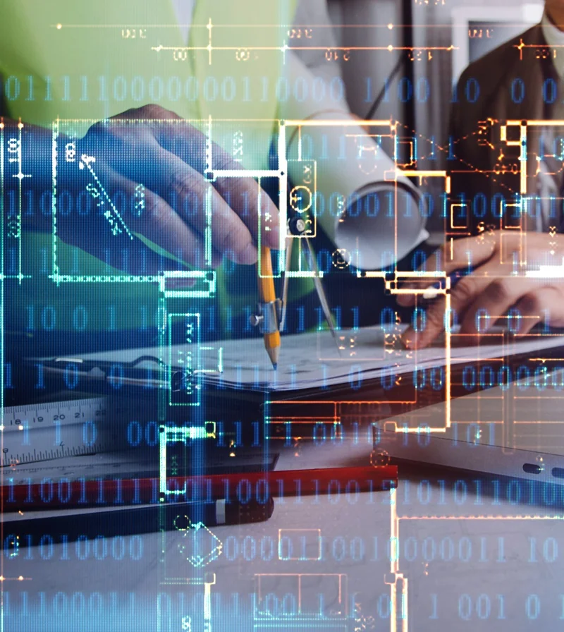 Moderne Illustration mit technischer Skizze einer Garage und Handwerker bei der Montage