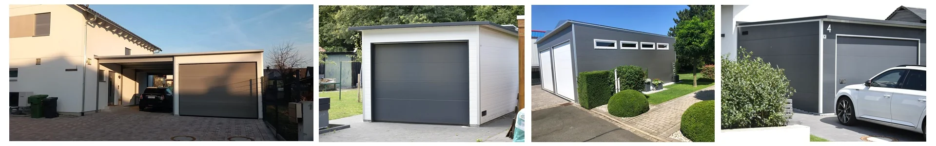 Verschiedene moderne Garagen aus wärmegedämmten Sandwichpaneelen – Anbaugarage mit Carport, freistehende Einzelgarage, Designgarage mit Fenstern sowie kompakte Lösungen für PKW, Wohnmobile, Gewerbefahrzeuge und Feuerwehrfahrzeuge