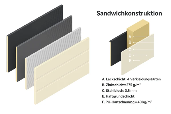 Darstellung des Sandwichpaneel-Aufbaus mit Lackschicht, Zinkschicht, Stahlblech und PU-Hartschaum