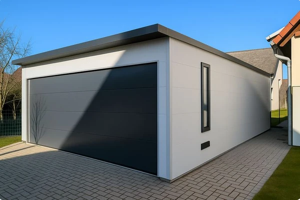 Einzelgarage mit modernem Pultdach aus wärmedämmenden Sandwichpaneelen, weiße Fassade mit anthrazitfarbenem Sektionaltor und seitlichem Fenster