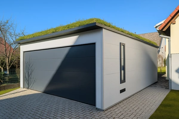 Einzelgarage aus wärmedämmenden Sandwichpaneelen mit Dachbegrünung, moderne Lösung mit ökologischer Optik und zusätzlicher Wärmedämmung