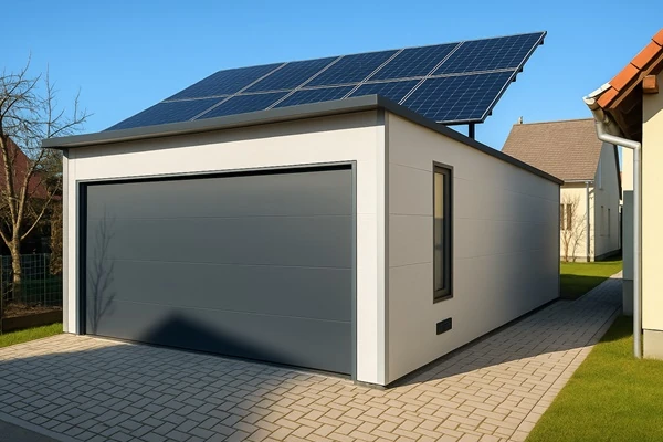 Moderne Fertiggarage mit Photovoltaikanlage auf dem Flachdach