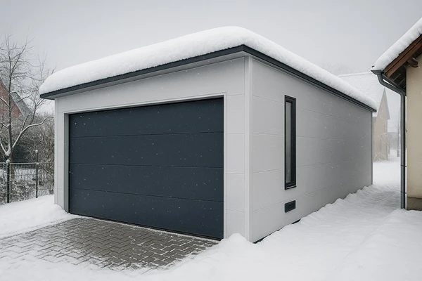 Garage im Winter mit erhöhter Schneelast-Ausführung auf dem Flachdach
