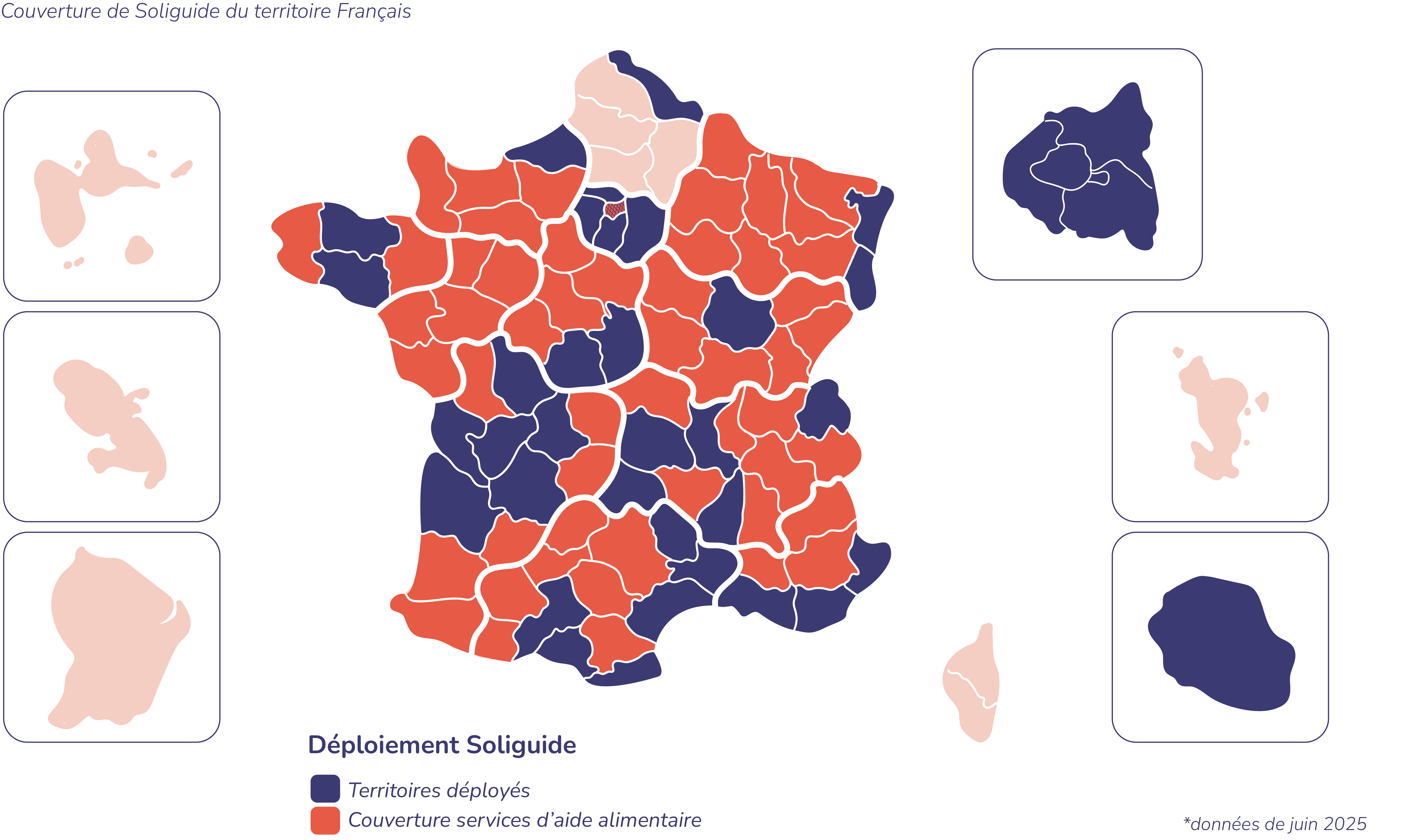 Carte de la France découpée par département pour illustrer les territoires où est déjà implanté Soliguide