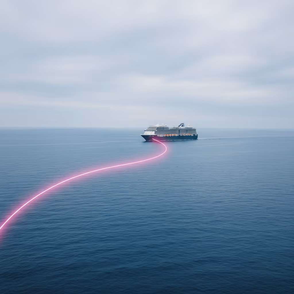 Cruise ship sailing on calm ocean under overcast sky with a glowing pink light trail on the water behind it.