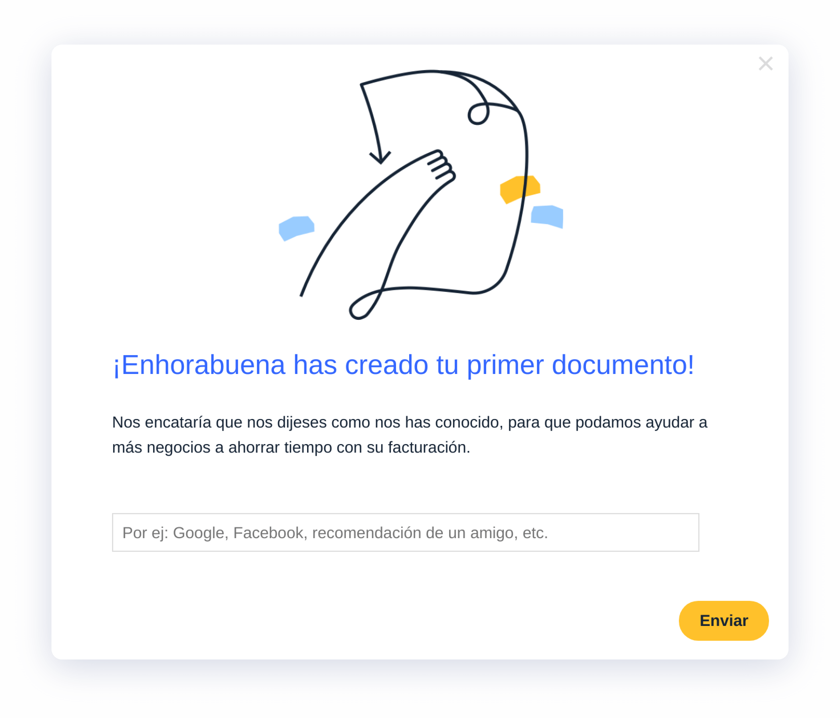 Modal window with a simple survey made with Appcues. UX en español.  Caption: Online billing and invoicing platform Billin waits until a new user creates their first document to ask how they heard about the platform.