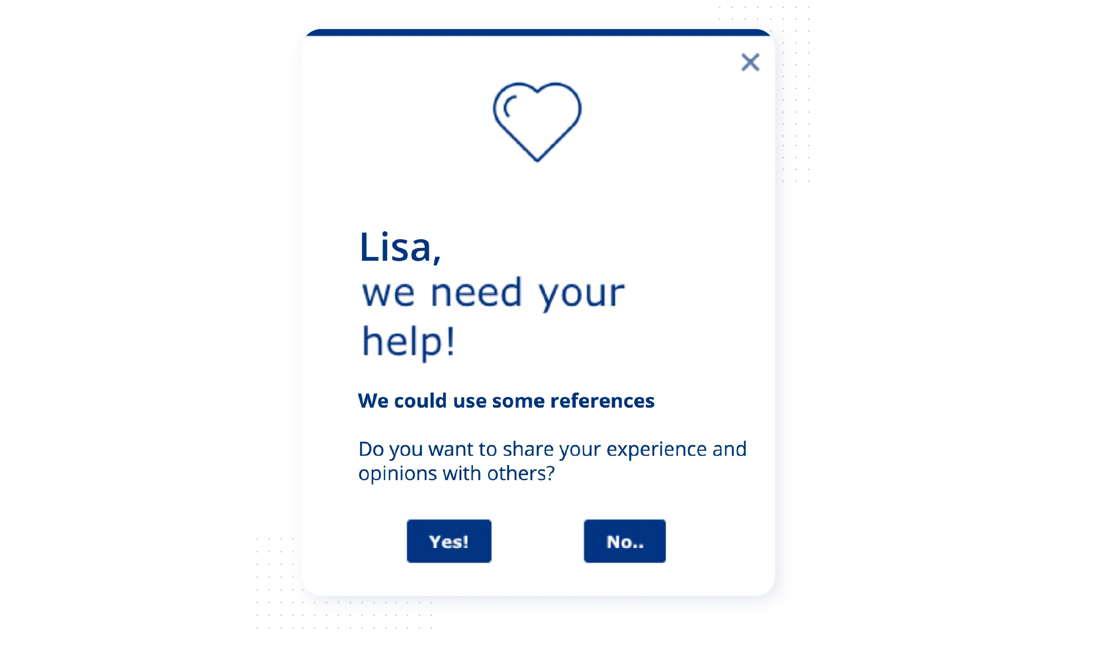 Modal from PatientSky asking for references from users with a high NPS score