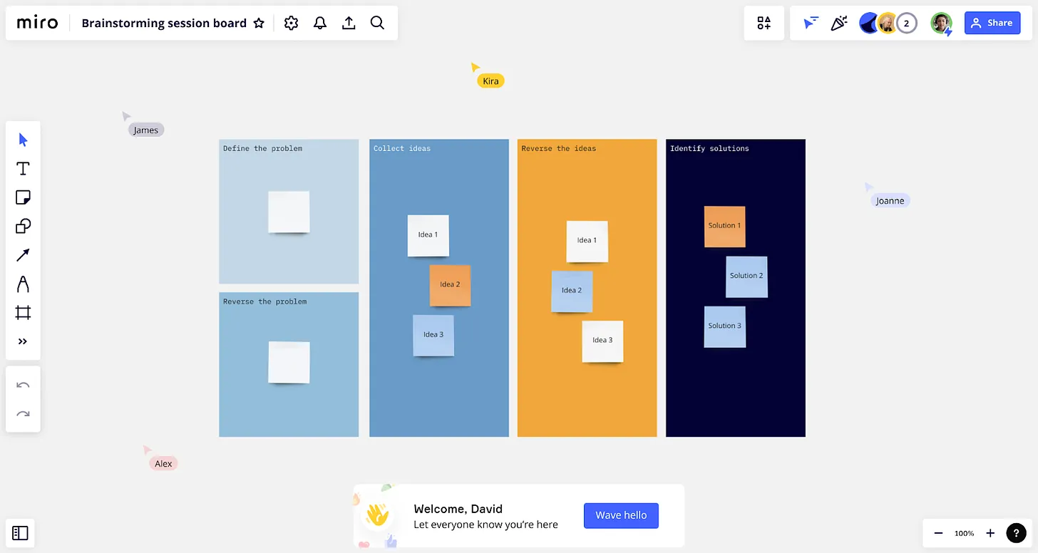 Miro's onboarding first session board 