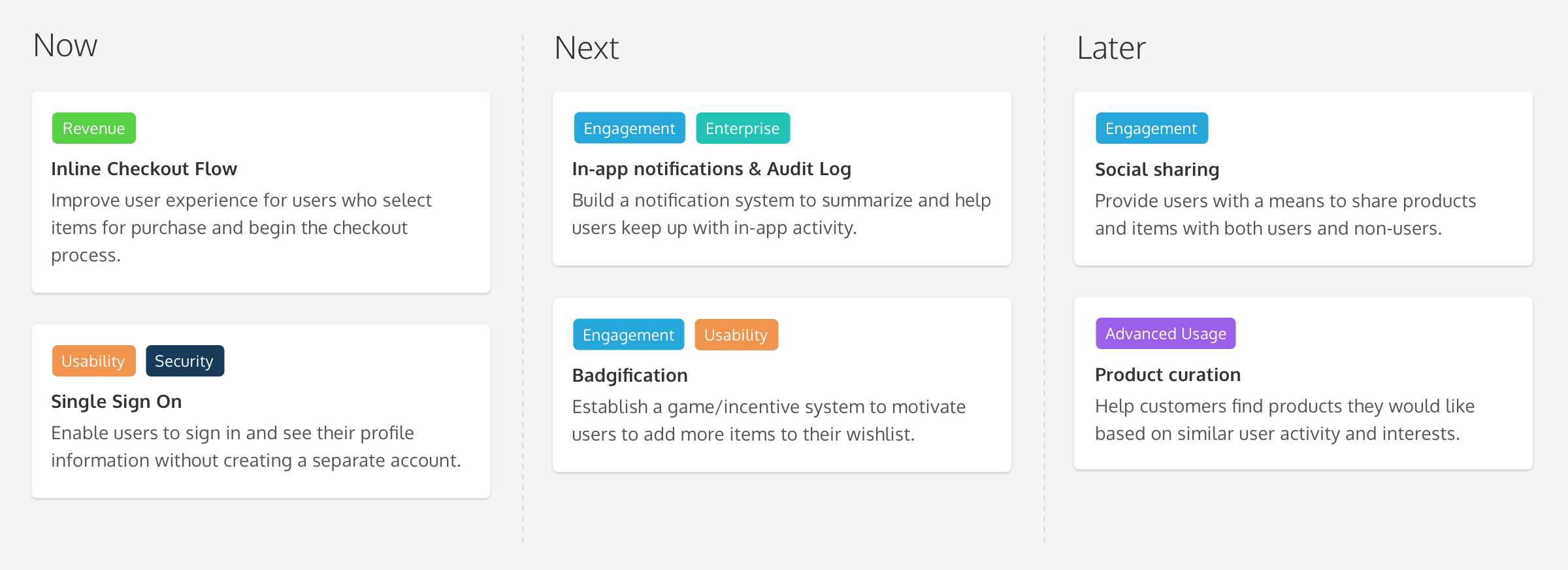 now next later product roadmap example