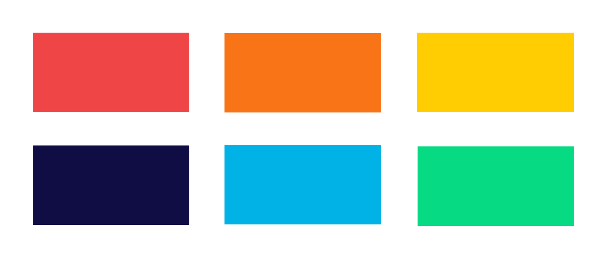 Six colored blocks showing our old brand colors. From top left, our old brand colors were red, orange, yellow, navy, blue, and green. 