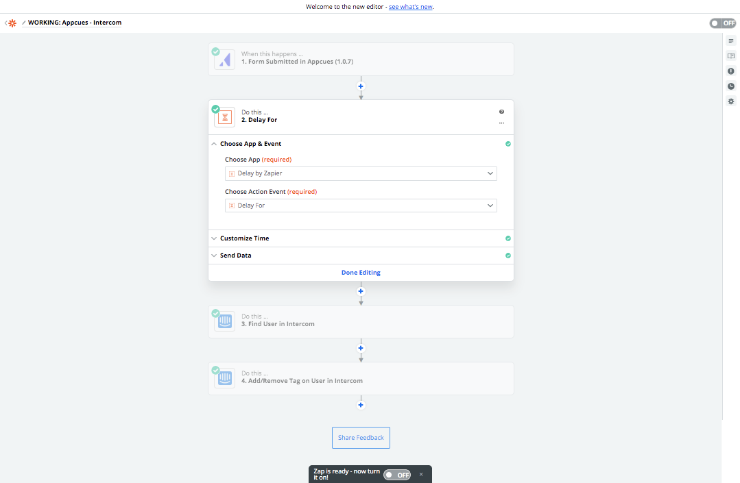 Appcues Zapier integration delay step setup