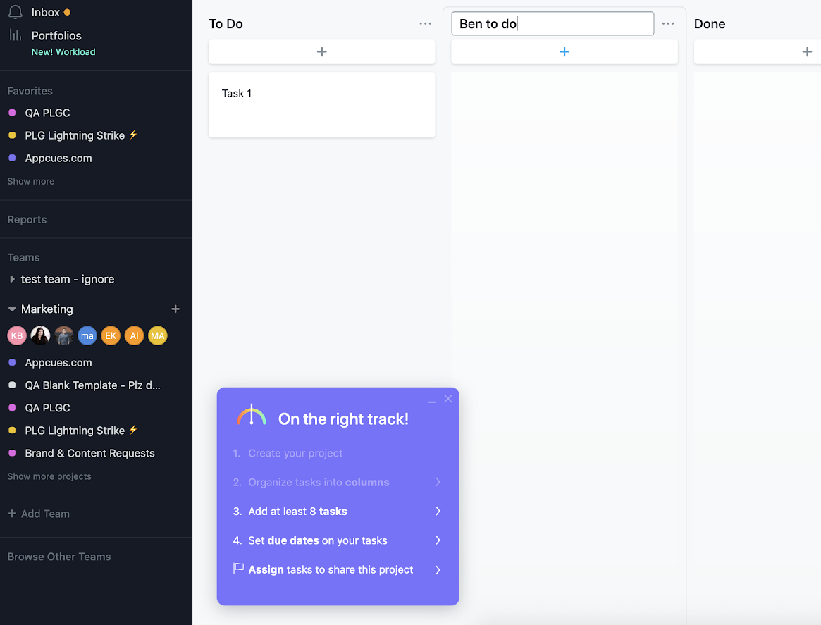 asana user onboarding checklist to improve activation