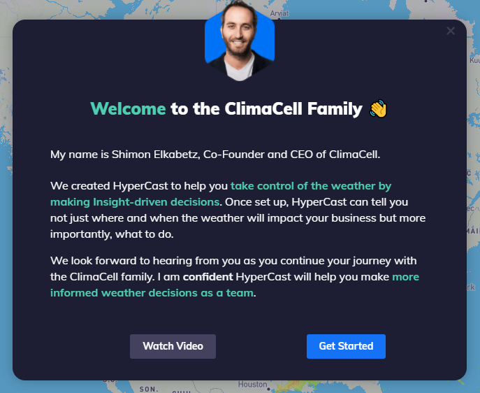 Tomorrow.io's welcome message