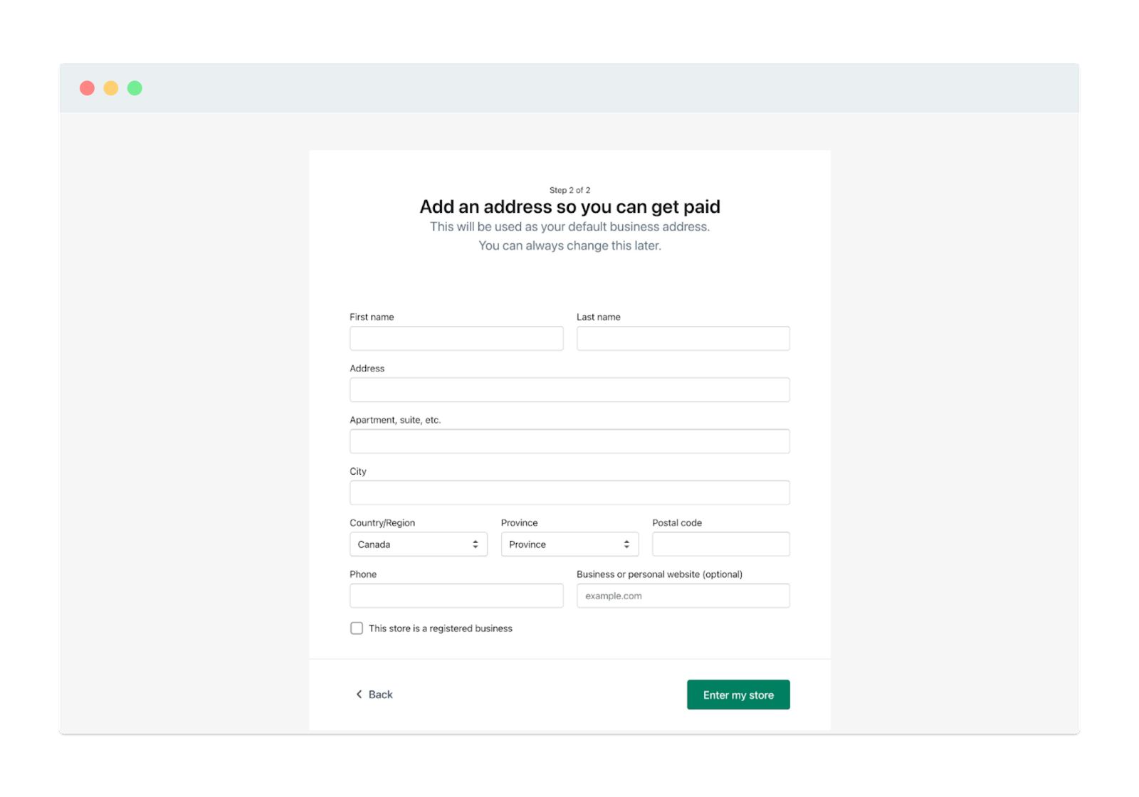 Shopify's second signup page