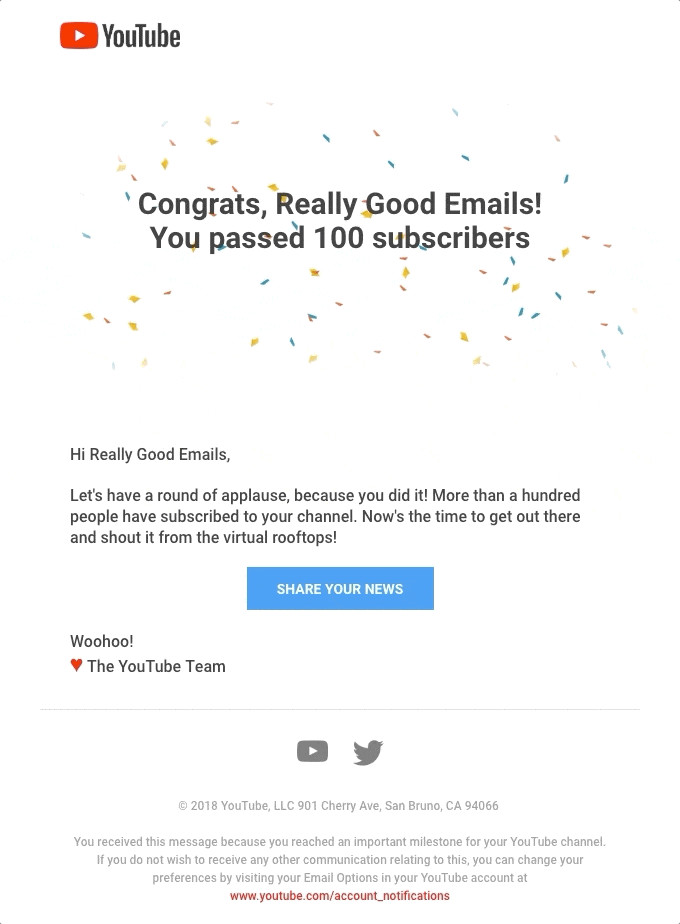 youtube email congratulating user for 100 subscribers