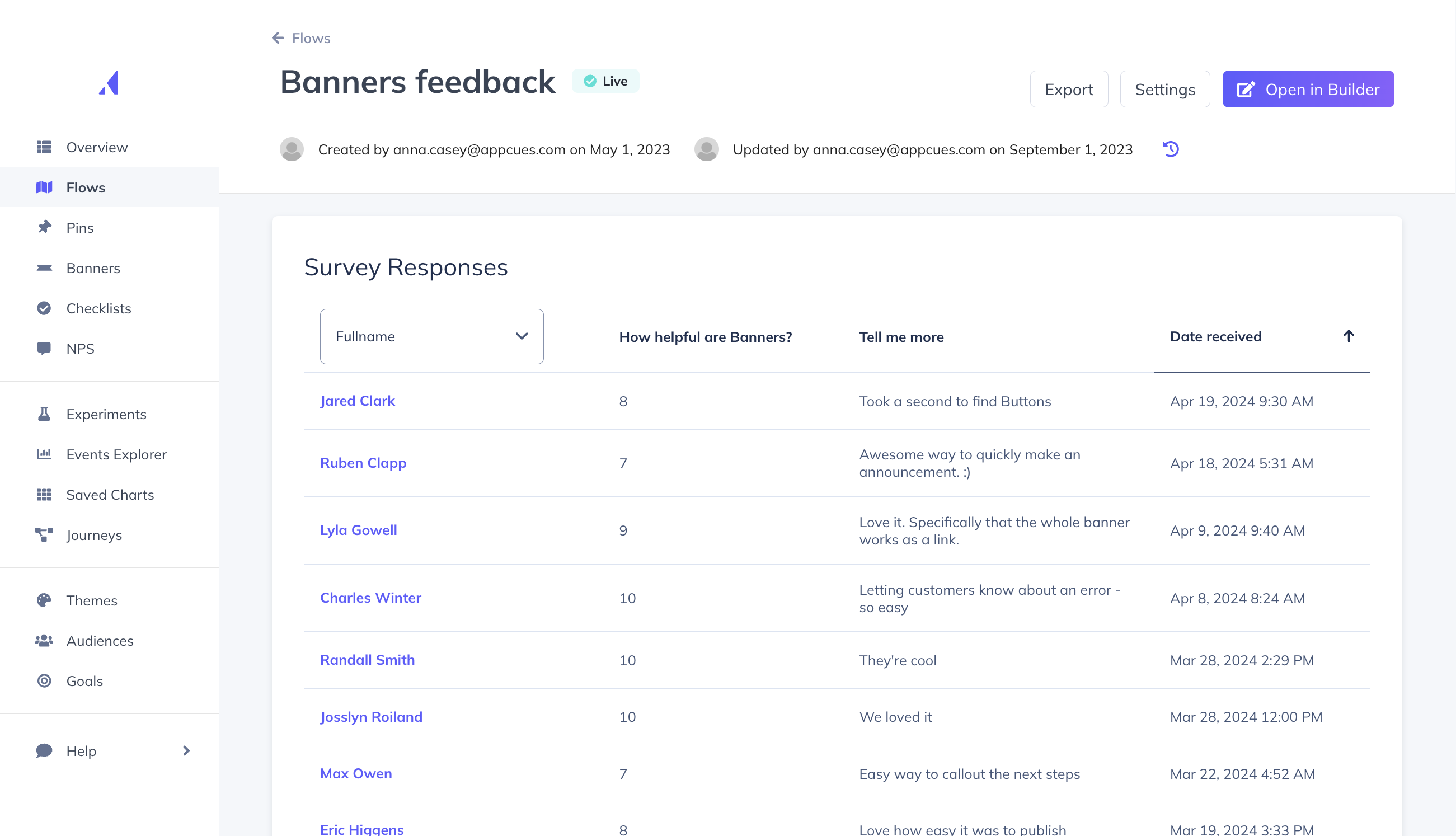 Appcues in-app survey responses 