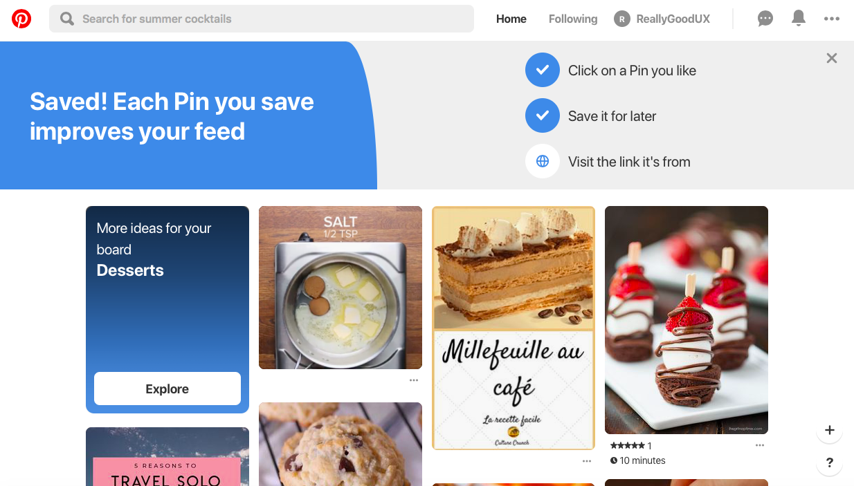 pinterest user onboarding partially completed checklist